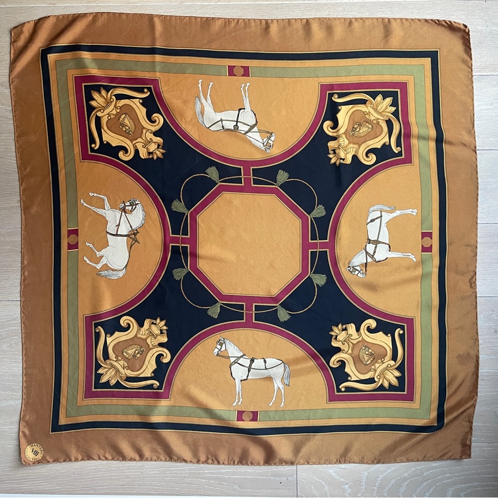 Vintage Mantero Equestrian Print Silk Scarf